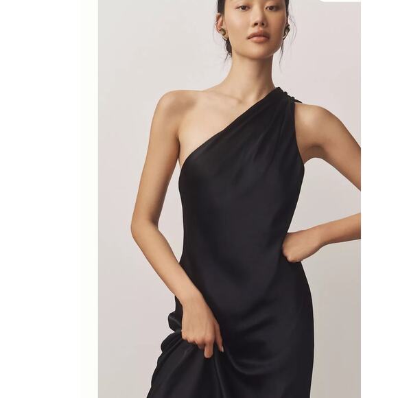 BHLDN Anthropologie Womens One Shoulder Midi Dress XS Black Satin Missing Scarf - Picture 1 of 16
